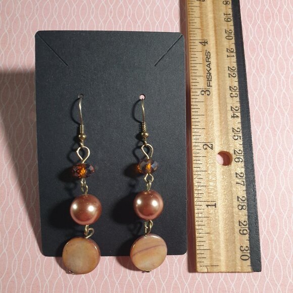 Vintage Dangle Earrings Mother Of Pearl Beads Shell Discs Fashion Handmade - Picture 3 of 5